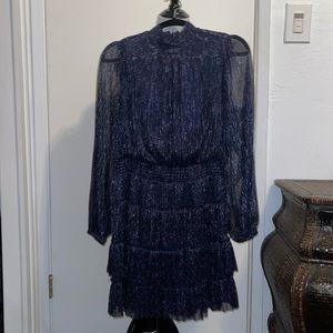 Sparkling Navy Blue Long Sleeve Mini Ruffle Skirt EXPRESS Dress